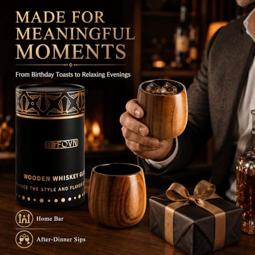 RIFOVN Wooden Whiskey Glasses 10oz, Rustic Bourbon Glasses, Birthday Gifts for Men, Husband, Dad, Brother, Home Bar Drinkware (2 Pack)