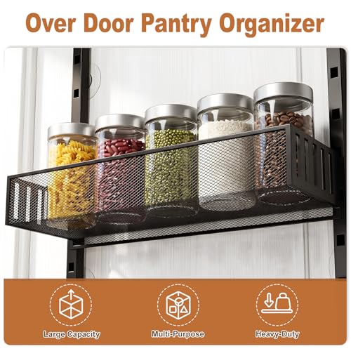 Over the Door Pantry Organizer, 8-Tier Heavy-Duty Door Spice Rack with Mesh Baskets, Height Adjustable & Anti-Swing Design, Pantry Door Organizers and Storage for Kitchen, Bathroom, Laundry Room