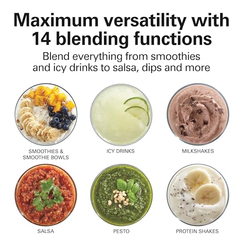 Hamilton Beach Wave Crusher Blender For Smoothies With 40 Oz Glass Jar and 14 Functions, Ice Sabre Blades & 700 Watts for Consistently Smooth Results, Black + Stainless Steel (54221)