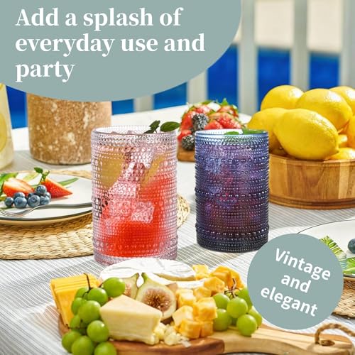 JPPSUJJ Colored Hobnail Drinking Glasses Set of 6, 15 oz Vintage Highball Glasses, Drinkware Kitchen Glasses for Cocktail, Iced Coffee, Beer, Ice Tea, Wine, Whiskey, Water