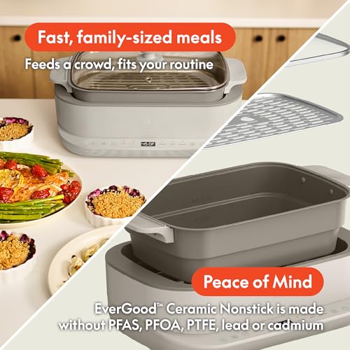 bella 6.0 QT Multi-Cooker, Ceramic Nonstick Coating, 4-in-1 Versatility, 4 cooking functions, Slow Cook, Sear, Saute, Steam, Serves 7 people, Dishwasher Safe Pot & Tempered Glass Lid, Tangle Free Cord Wrap, Oatmilk