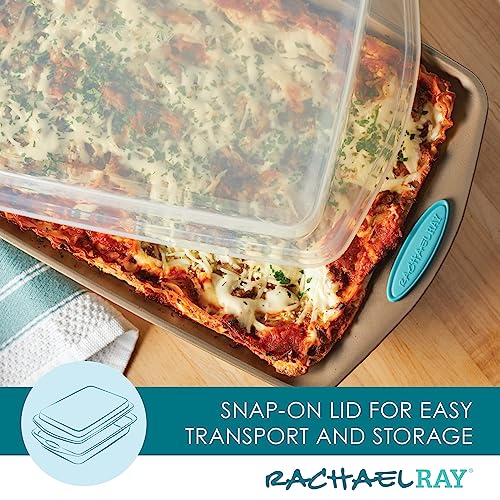 Rachael Ray 47578 Cucina Nonstick Bakeware Set with Grips Includes Nonstick Bread Pan, Baking Sheet, Cookie Sheet, Baking Pans, Cake Pan and Muffin Pan - 10 Piece, Latte Brown with Agave Blue Grips