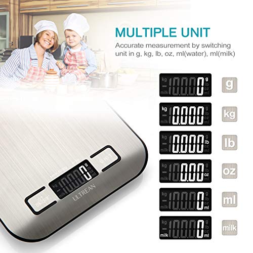 Ultrean Food Scale, Digital Kitchen Scale with LCD Display, Weight Grams and Ounces for Baking Cooking and Meal Prep, 6 Units with Tare Function, 304 Stainless Steel, 11lb (Batteries Included)