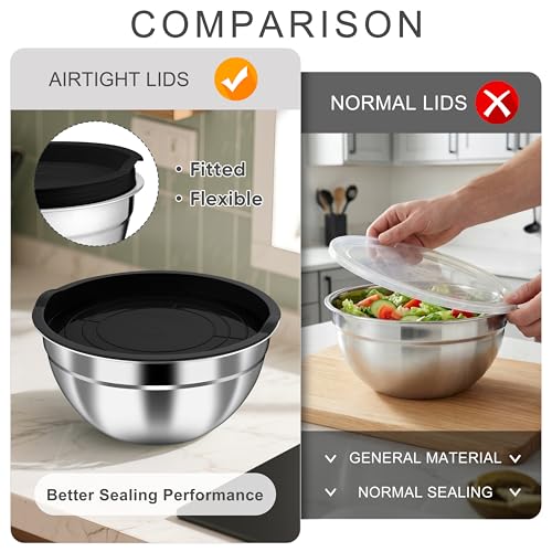 HaWare Mixing Bowls with Airtight Lids, 6-Piece Stainless Steel Salad Bowls, Strong Nesting Bowls for Cooking, Prepping, Baking, Serving & Food Storage, Stackable Design, Size 4.6, 3, 1.5QT, Black