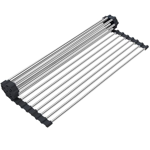 Searik Stainless Steel Over The Sink Dish Drying Rack, Roll Up Foldable Kitchen Sink Drainer Rack (17.7"x 11.8")