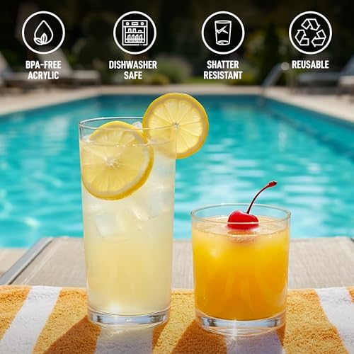 Zulay Kitchen Plastic Drinking Glasses (Set of 8) – Mixed 16oz & 12oz Acrylic Shatterproof Cups for Home, Kitchen & Outdoors – Crystal Clear Glass Look – BPA & Lead-Free – Top-Rack Dishwasher Safe