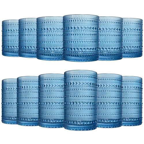 Hobnail Beaded Highball Drinking Tumbler Glasses | Set of 12 | Color, Vintage Bubble Design Whiskey Glassware, Old-Fashioned, Embossed Design for Water, Wine, Cocktail Embossed Heavy Glas, Rocks Glass
