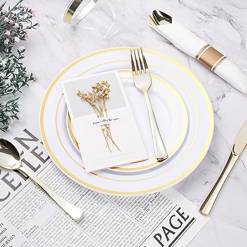 BESTVIP 350PCS Gold Plastic Dinnerware Set, Disposable Party Plates for 50 Guests, Include: 100 Plastic Plates, 50 Pre Rolled Napkins with Gold Silverware, 50 Cups