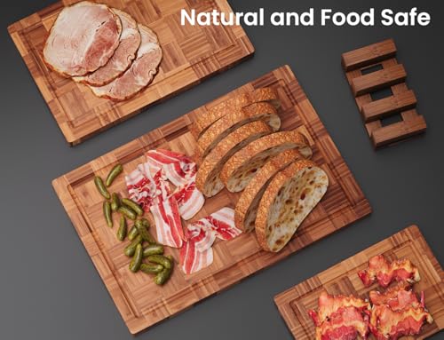 Fibogollo Bamboo Cutting Boards for Kitchen,Chopping Boards Set with Juice Groove,End Grain Bamboo Butcher Block,Serving Board with Holder(3 Pcs)