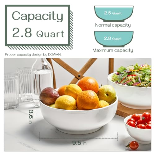 DOWAN Serving Bowls, 9.5" Large Salad Bowls for Entertaining, Side Dishes, Pho, Pasta, Centerpiece Bowls for Dinner Parties, Kitchen Decor, Microwave & Dishwasher Safe, White