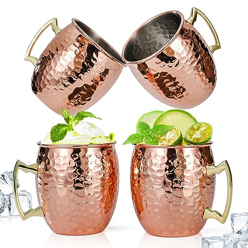 Amrules Moscow Mule Mugs Set of 4, 16 OZ Hammered Copper Cups with 304 Stainless Steel Lining and Gold Brass