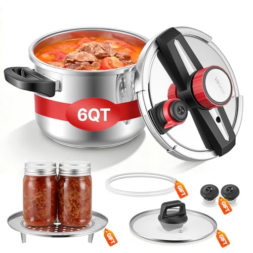 VEVOR Pressure Cooker, 6.3Qt Pressure Cooker Stainless Steel, Pressures Canner with Steaming Rack, Tempered Glass Lid, Three Pressures Settings for Meat, Beans, Rice, Soup, Sauces, Cook up to 100 kPa