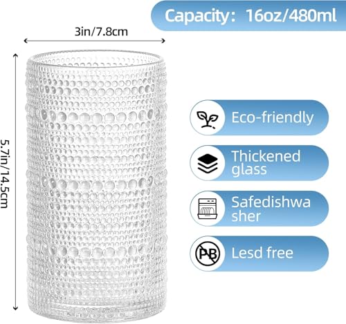GDCCI 16oz Hobnail Drinking Glasses Set of 6, Vintage Large Capacity Embossed Clear Tumblers, Highball Glasses for Water, Cocktail, Beer, Whiskey, Juice & Bar Use
