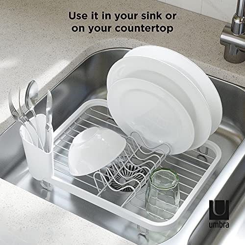 Umbra Sinkin Dish Drying Rack – Drainer Caddy with Removable Cutlery Holder – Use in Sink or On Counter, Standard, White/Nickel