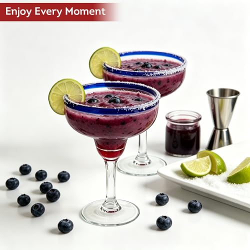 Lily's Home Unbreakable Margarita Glasses - 14 oz Shatterproof Plastic Set of 4 with Cobalt Blue Rims, Reusable Crystal Clear Stemware for Martini, Frozen Drinks, Pina Coladas & Cocktails