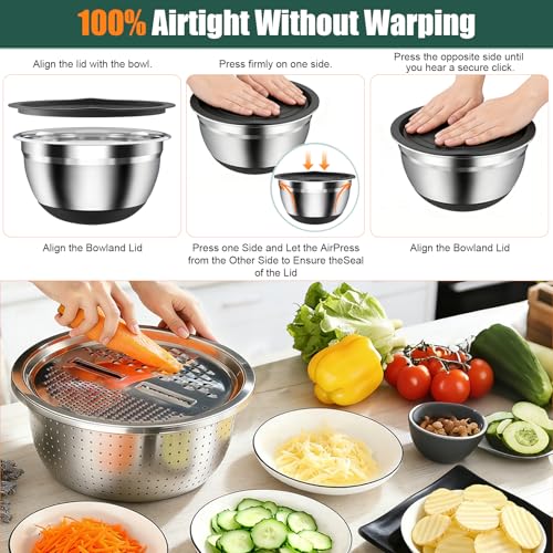 Stainless Steel Mixing Bowls Set with Lids & Silicone Base - 7-Piece Kitchen Gadgets Includes Colander, Grater, Egg Separator, Whisk - Nesting Bowls (1.5, 2, 2.5, 4.5 QT), Dishwasher Safe, Black