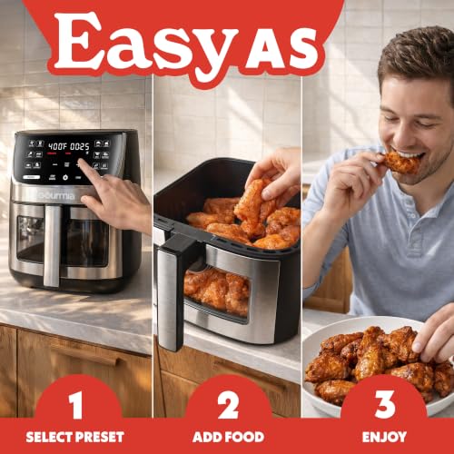 Gourmia Air Fryer - 7 Qt Large Capacity with LED Display, 12 One-Touch Presets, FryForce 360° Technology, Nonstick Dishwasher-Safe Basket & Crisper Tray, Stainless Steel