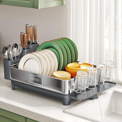 SNTD 304 Stainless Steel Dish Drying Rack for Small Kitchen Counter, Grey