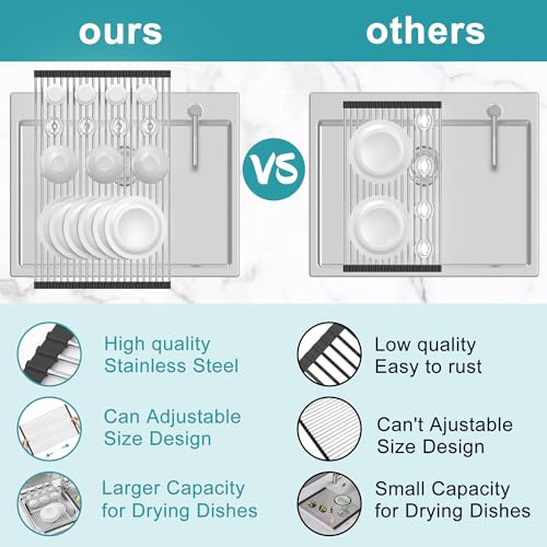 Extra Large Expandable Roll Up Dish Drying Rack,Over The Sink Drying Rack Sink Cover Kitchen Sink Accessories Kitchen Rolling up Stainless Steel Drainer, Foldable,Rollable（Black，22.8''-12.4''）