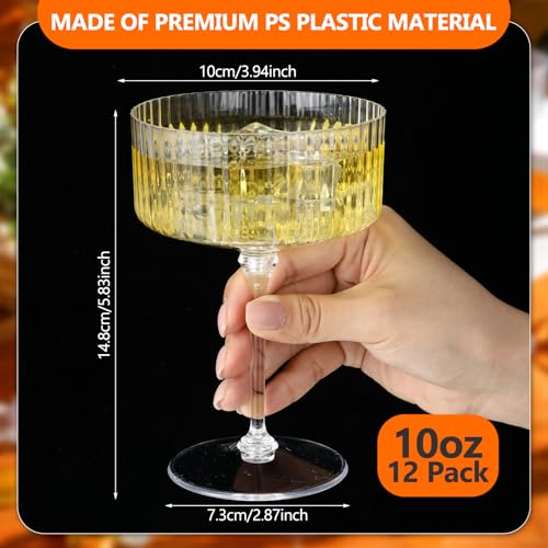 Jingmore 12 Pcs Ribbed Martini Glasses 10 oz Disposable Plastic Vintage Ribbed Coupe Glasses Unbreakable Dessert Parfait Glassware for Wedding Birthday Party Supplies (Clear)