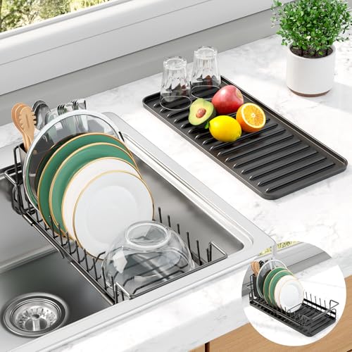 Kitsure Expandable Dish Rack for Kitchen Counter, Medium, Black