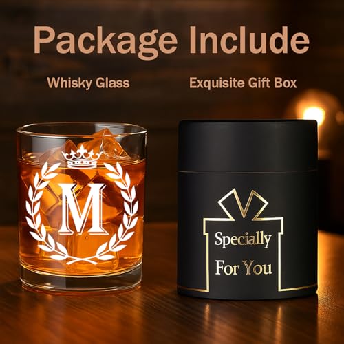 Jmugmt Personalized Whiskey Glasses Gifts for Men, Letter M Initial Whiskey Glass, Christmas Birthday Gifts for Men Husband Brother Dad, 10 OZ Old Fashioned Glass with Gift Box(Letter M)