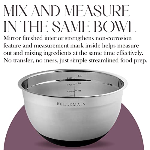 Bellemain Mixing Bowls with Lids Set - Stainless Steel Mixing Bowls with Airtight Lids - Food Storage Containers - 3PCS Set with Non-Slip Bottoms Kitchen Essentials for Baking - Serving