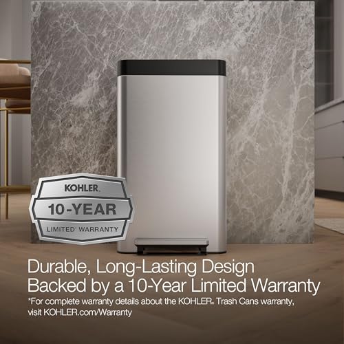 Kohler 20941-ST 8 Gallon Tall Hands-Free Kitchen Step Can, Trash Can with Foot Pedal, Quiet-Close Lid, Stainless Steel