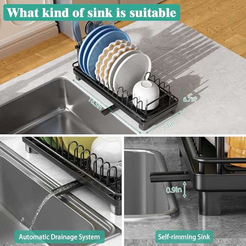 Giwil Small Dish Drying Rack, Compact Dish Rack with Drainboard for Kitchen Counter, Multifunctional Rustproof Dish Drainer Plate Organizer Used Over Sink & on Countertop, Black