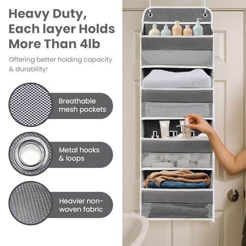 Over The Door Organizer with LifetimeWarranty, 4 Shelves & 4 Side Pockets, Large Storage Rack Holds 44lb, Heavy-Duty Reinforced Mesh Shelf for Bathroom, Closet, Toy Organization, Shoes, Towels, Grey