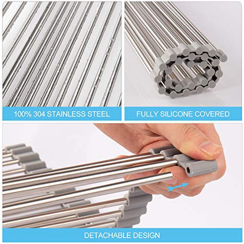 SunCleanse Roll-Up Dish Rack 17.8" x 15" Grey Over Sink Drainer Foldable