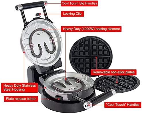 Health and Home 360 Rotating Belgian Multifunction Nonstick Baking Waffle Maker with 2 sets of Interchangeable Belgian Waffle and Omelet Baking plates