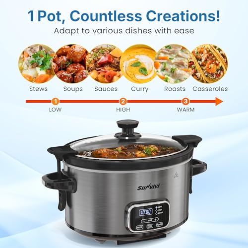 SUNVIVIPRO 4QT Programmable Slow Cooker with Locking Lid, Food Warmer with 3 Heating Settings & Adjustable Timer, Removable Ceramic Pot Dishwasher-Safe, Stainless Steel, Grey