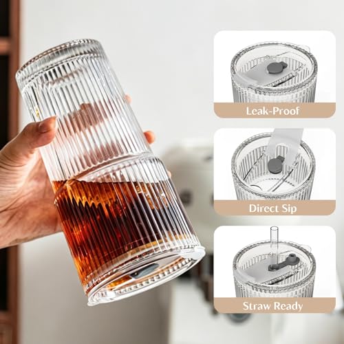 INSETLAN 20 oz Ribbed Glass Tumblers with Lids and Glass Straws – 4-Piece Glassware Set, Thickened Wall, Ideal for Iced Coffee, Smoothies, Cocktails, and Juices – Elegant and Durable Drinkware