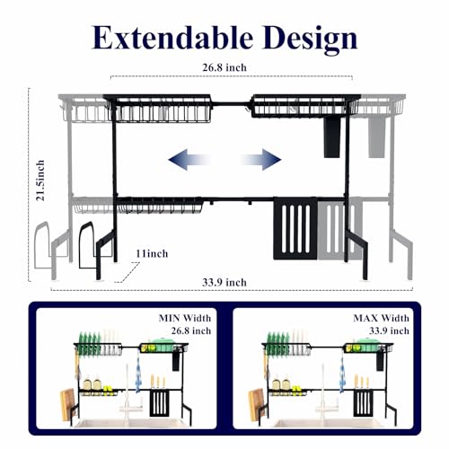 Kitsure Over The Sink Dish Drying Rack - 26.8" to 33.9"x21.5", Adjustable Sink Drying Rack for Kitchen Sink with Large Capacity, 2-Tier Dish Rack Over Sink with Multifunctional Baskets, Black