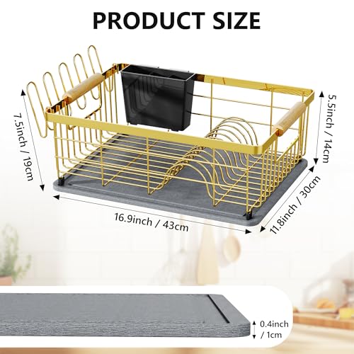IBEDMAZIE Dish Drying Rack Gold with Diatomaceous Earth 1 Tier,Multifunctional Dish Racks for Kitchen Counter Quick-Drying,Large Capacity Space Saving with Cutlery Cups Holder