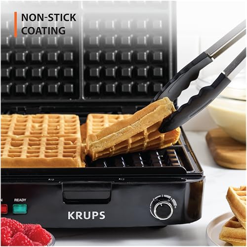 KRUPS 4-Slice Belgian Waffle Maker: Stainless Steel, 5 Browning Levels, Audible Ready Beep, Removable Plates, 1200W, Silver/Black, Large Waffle Maker Family Size, Great for Family Breakfasts