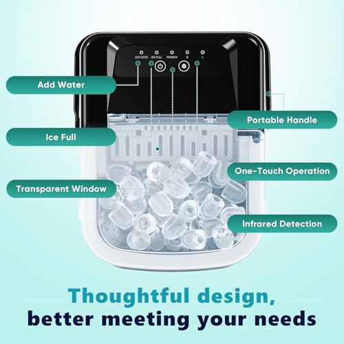 Sweetcrispy Countertop Ice Maker with Scoop, Basket and Handle, Portable Ice Machine 9 Cubes Ready in 6 Mins, 26.5lbs in 24Hrs, 2 Sizes for Home Kitchen Office Bar Party