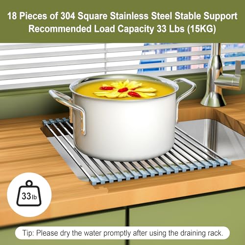 TlaroRiz 16.93 ×12.91 Inch Sink Drying Rack Roll Up, Silicone Wrapped 304 Square Stainless Steel Over the Sink Dish Drying Rack Counter Kitchen Home RV Essentials Foldable Sink Organizer,Grey