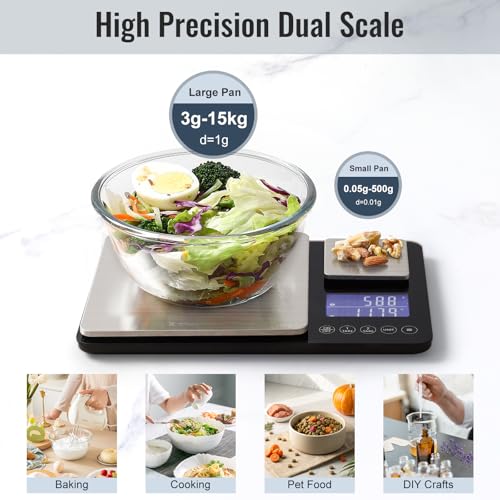 KitchenTour Digital Food Scale for Kitchen, 0.001oz/33lb Dual Platform Precision Smart Kitchen Scales Digital Weight Grams and Ounces for Home Cooking Baking Meal Prep Sourdough Bread, Stainless Steel