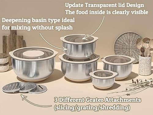 Mixing Bowles Set with Lids Set - Warp-Proof TPR-AS Lids, Stainless Steel Mixing Bowl with 3 Graters & Measuring Lines, Non-Slip Bowls for Baking, Prep, Airtight Food Storage (Khaki 5/3/2/1.5/0.63QT)