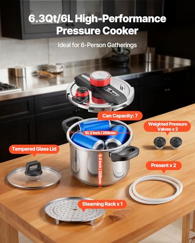 VEVOR Pressure Cooker, 6.3Qt Pressure Cooker Stainless Steel, Pressures Canner with Steaming Rack, Tempered Glass Lid, Three Pressures Settings for Meat, Beans, Rice, Soup, Sauces, Cook up to 100 kPa