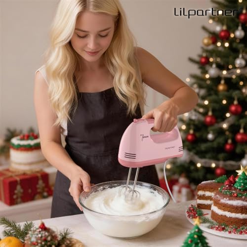 LILPARTNER Electric Hand Mixer with Storage Box, Ultra Power Kitchen Hand Mixer With 7-Speed & 5 Stainless Steel Accessories for Whipping Dough, Cream, Cake, Dishwasher Safe, PINK BOX