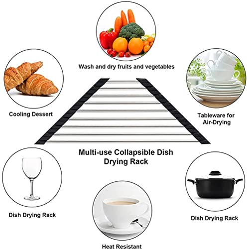 Fafcitvz Triangle Dish Drying Rack Multipurpose Roll-up Drying Rack for Sink Corner Stainless Steel Over The Sink Corner Dish Drainer Mat for Kitchen (Black)