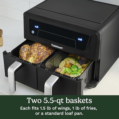 Cuisinart Dual Basket Air Fryer, Two Baskets Totals 11 QT, 4 Function Air Fryer to Air Fry, Roast, Bake & Keep Warm, Features Sync Finish & Settings, Toss Reminder, Automatic Warm Mode & Auto-Pause