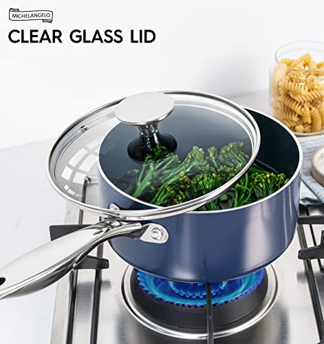 MICHELANGELO 3 Quart Saucepan with Lid, Nonstick Ceramic Sauce Pan with Stainless Steel Handle, 3 Qt Saucepan with Lid Induction Compatible, Oven Safe, Blue