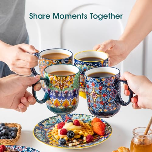 vancasso Simi Boho Coffee Mugs Set of 6, 14 oz Ceramic Mugs with Handle, Colorful Porcelain Cups Microwave Dishwasher Safe, for Latte Tea Cappuccino Cocoa Hot Chocolate