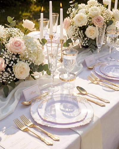Nervure 350PCS Gold Plastic Plates - Gold Plastic Dinnerware Sets for 50 Guests - 100 Disposable Plates, 150 Silverware, 50 Cups, 50 Napkins for Wedding & Party