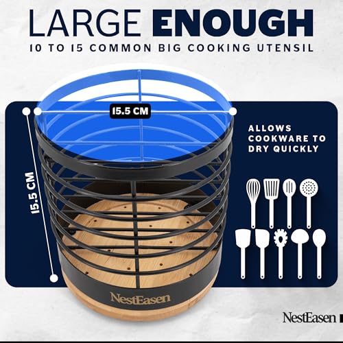 NestEasen Utensil Holder for Kitchen Counter - Rotating Utensil Holder for Countertop, Wooden Steel Spatula Holder Organizer, Large Decor Caddy for Kitchen Utensils and Cooking Spoon Container