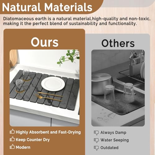 Large Stone Dish Drying Mat for Kitchen Counter, Quick Dry Stone Dishes/Bath Mats,Foldable Water Absorbing Diatomaceous Earth Drying Organizer Pad for Plate Rack Bottles Utensils(Dark Gray 24"×16")